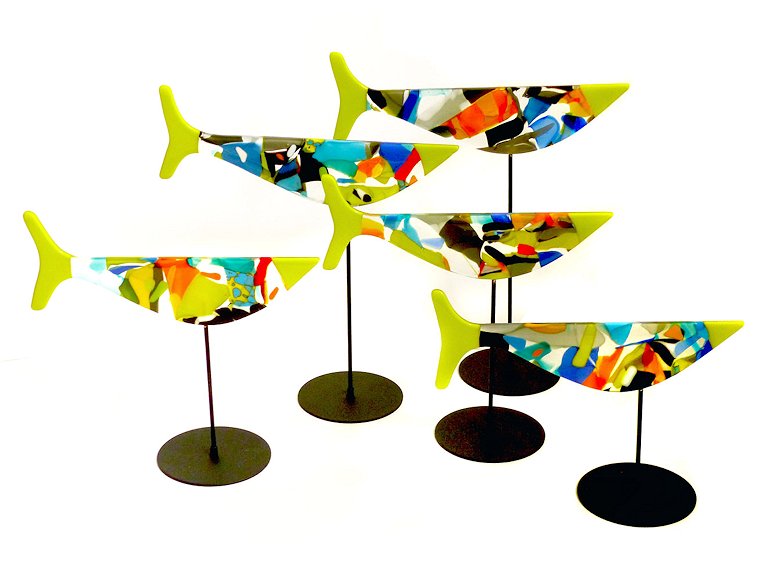 Image of art work “5 Multi-coloured Fish & Stands, Green Tails (vf042)”