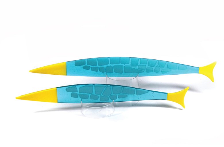 Image of art work “Pair of Fish and Stands - Turquoise and Yellow”