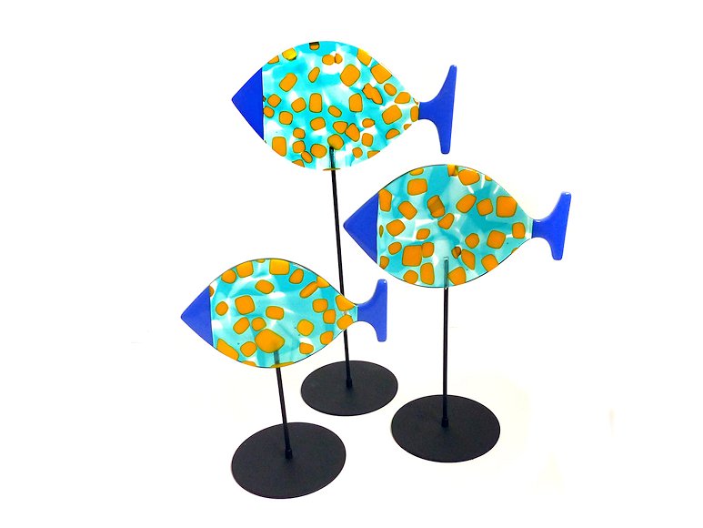 Image of art work “3 Fish & Stands, Turq, Yellow & Blue (vf041)”