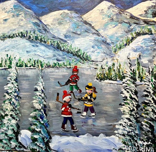 Image of art work “Hockey Siblings on Lake Louise”
